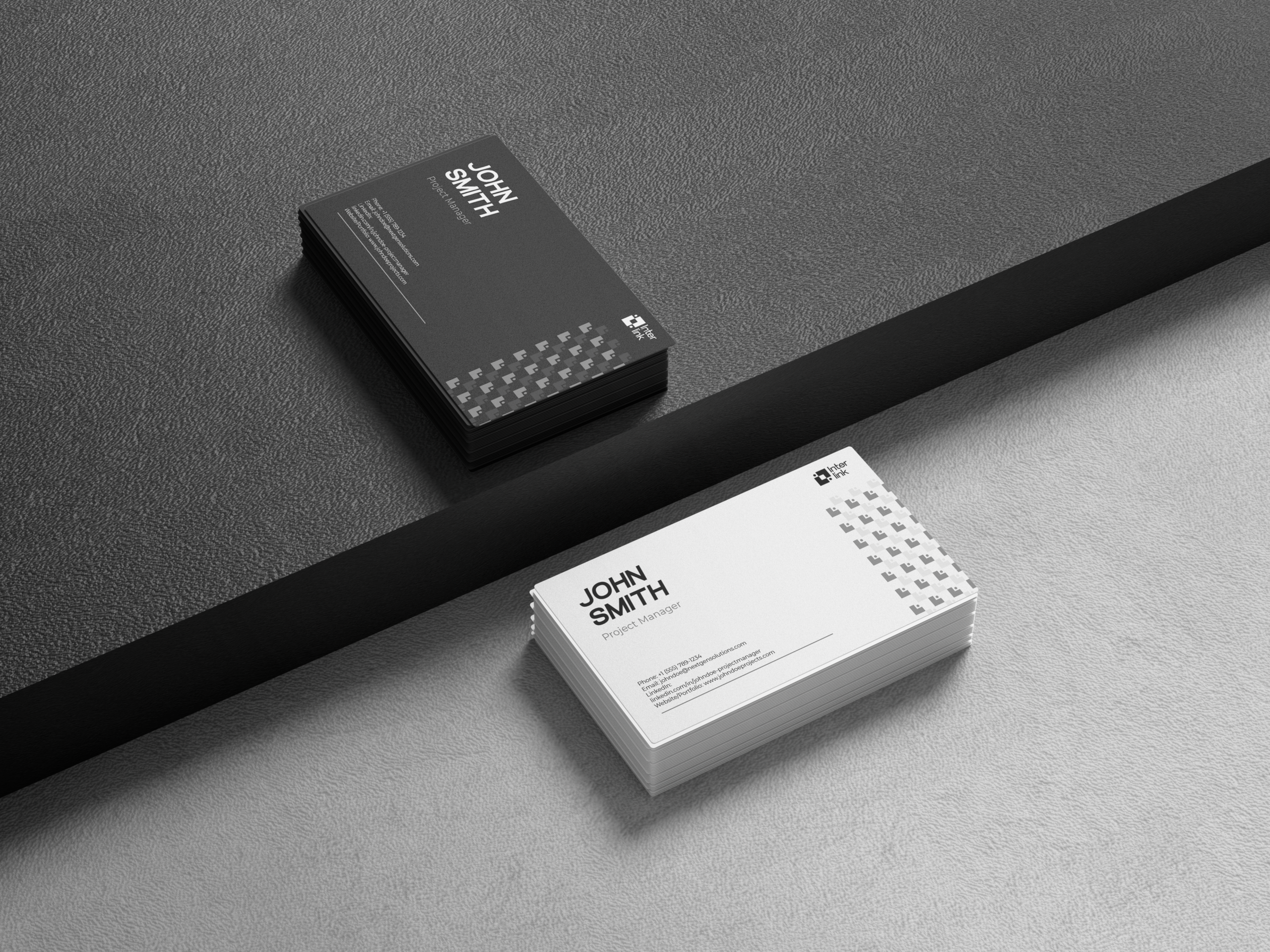 A mock up showing two business card for interlink rebrand