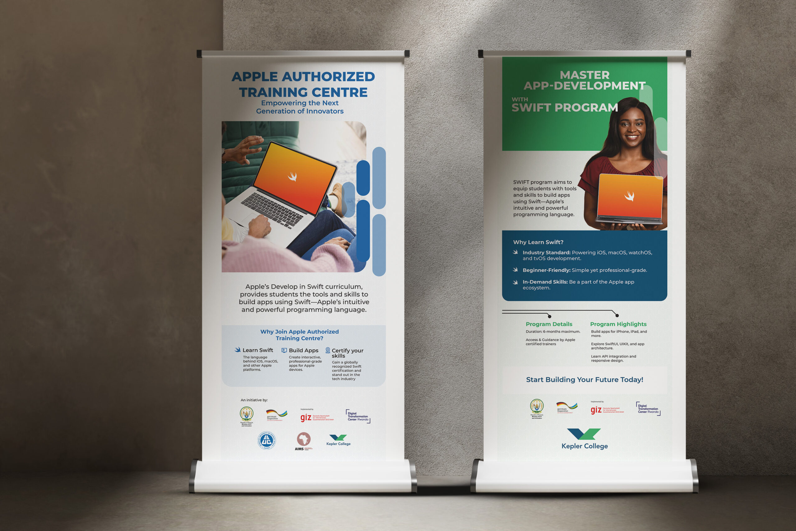a mock up of Two roll-up banners featuring the Apple Academy branding, showcasing educational programs and technology initiatives.